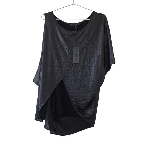 BCBGMAXAZRIA Elodie Black Asymmetrical Drape Top Women Size L Sleeveless Layered - Picture 1 of 10